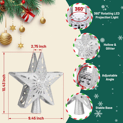 Christmas Tree Topper Lighted with 6 Projection Modes,Christmas Star Tree Topper Built-in LED Rotating Projector Lights 3D Sparkling Christmas Tree Decorations for Xmas Party Holiday Decor(Silver)