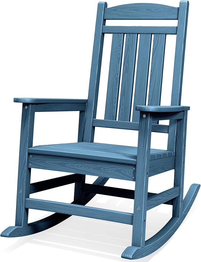 SERWALL Oversized Outdoor Rocking Chair, All-Weather Patio Rocking Chair, HDPE Porch Rocker for Adults, Blue