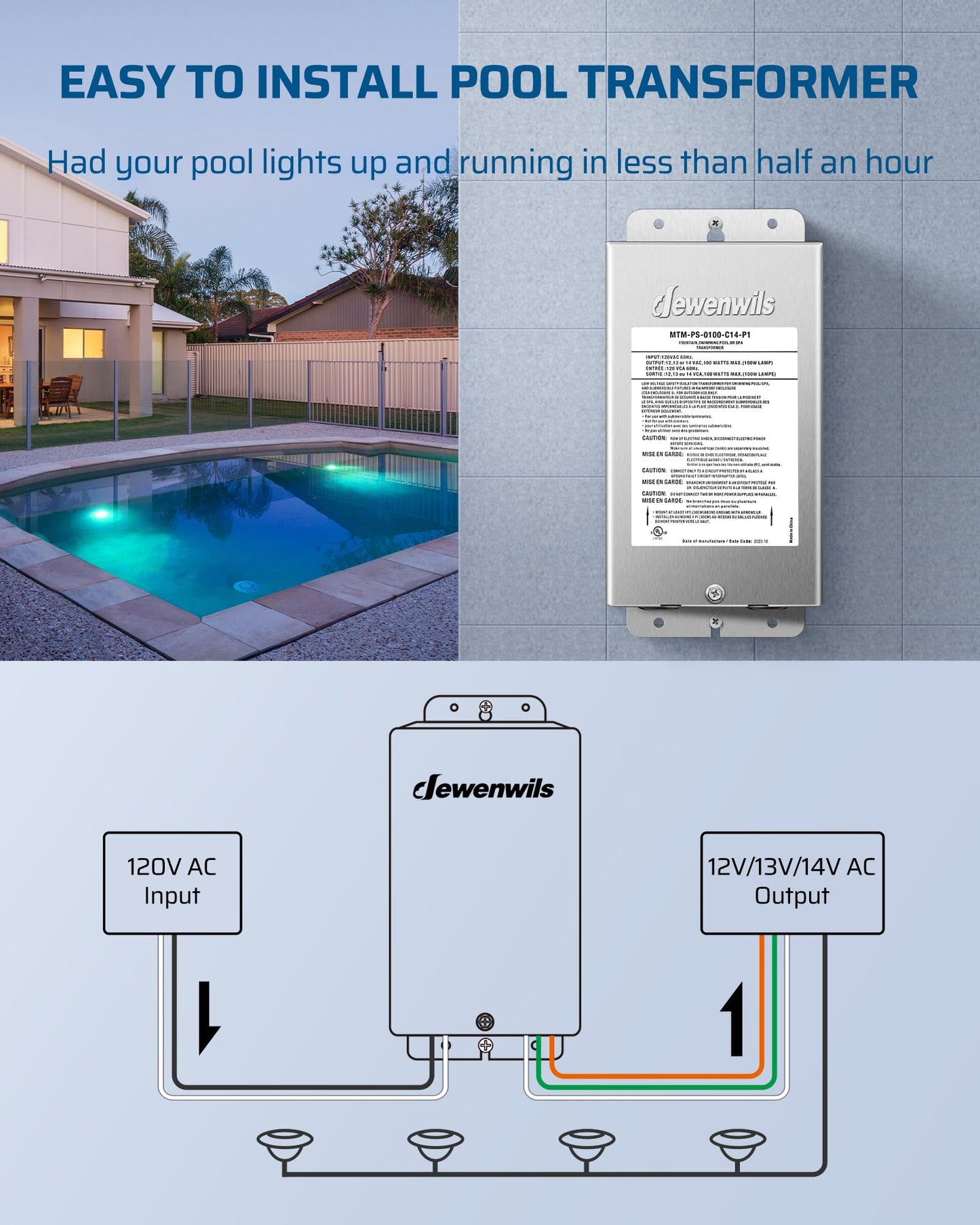 DEWENWILS 100W Low Voltage Pool Light Transformer, 120V AC to 12V/13V/14V AC, Multi-tap Safety Transformer
