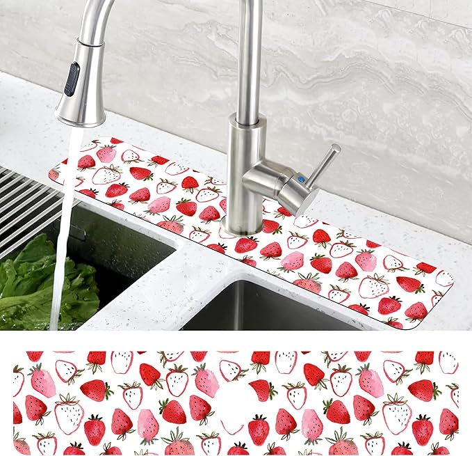 Watercolor Strawberry Kitchen Sink Splash Guard Absorbent Fast Drying Mat