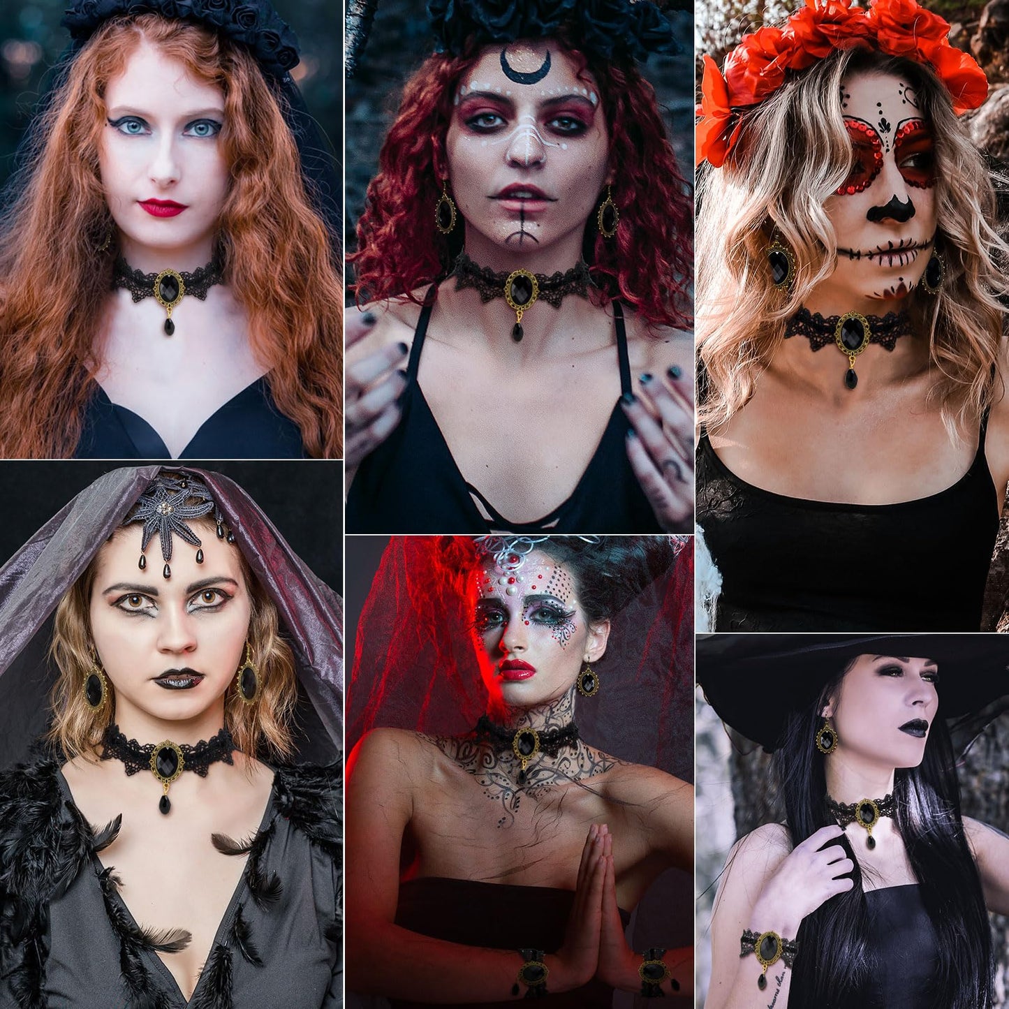 Gothic Choker Necklace Halloween Jewelry Set for Women, Red/Black Choker Goth Lace Witch Costume Jewelry, Witchy Vampire Masquerade Steampunk Victorian Lolita Renaissance Costume Accessories for Woman