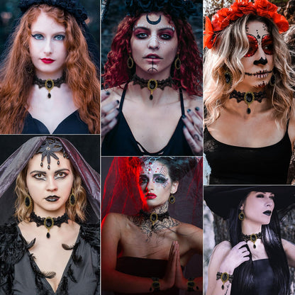 Gothic Choker Necklace Halloween Jewelry Set for Women, Red/Black Choker Goth Lace Witch Costume Jewelry, Witchy Vampire Masquerade Steampunk Victorian Lolita Renaissance Costume Accessories for Woman