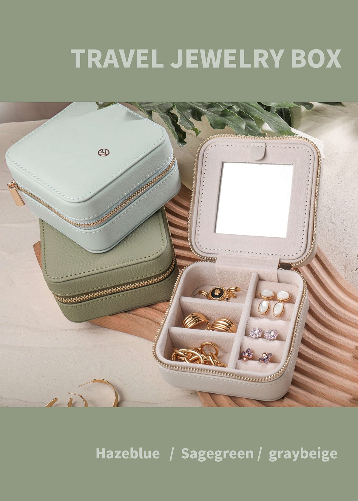 S.Leaf Travel Jewelry Organizer Boxes for Women Small Portable Necklace Earrings Bracelet Rings Travel Case Best Friend Birthday Gifts for Women Trendy (01_Lychee_Sage_Green)