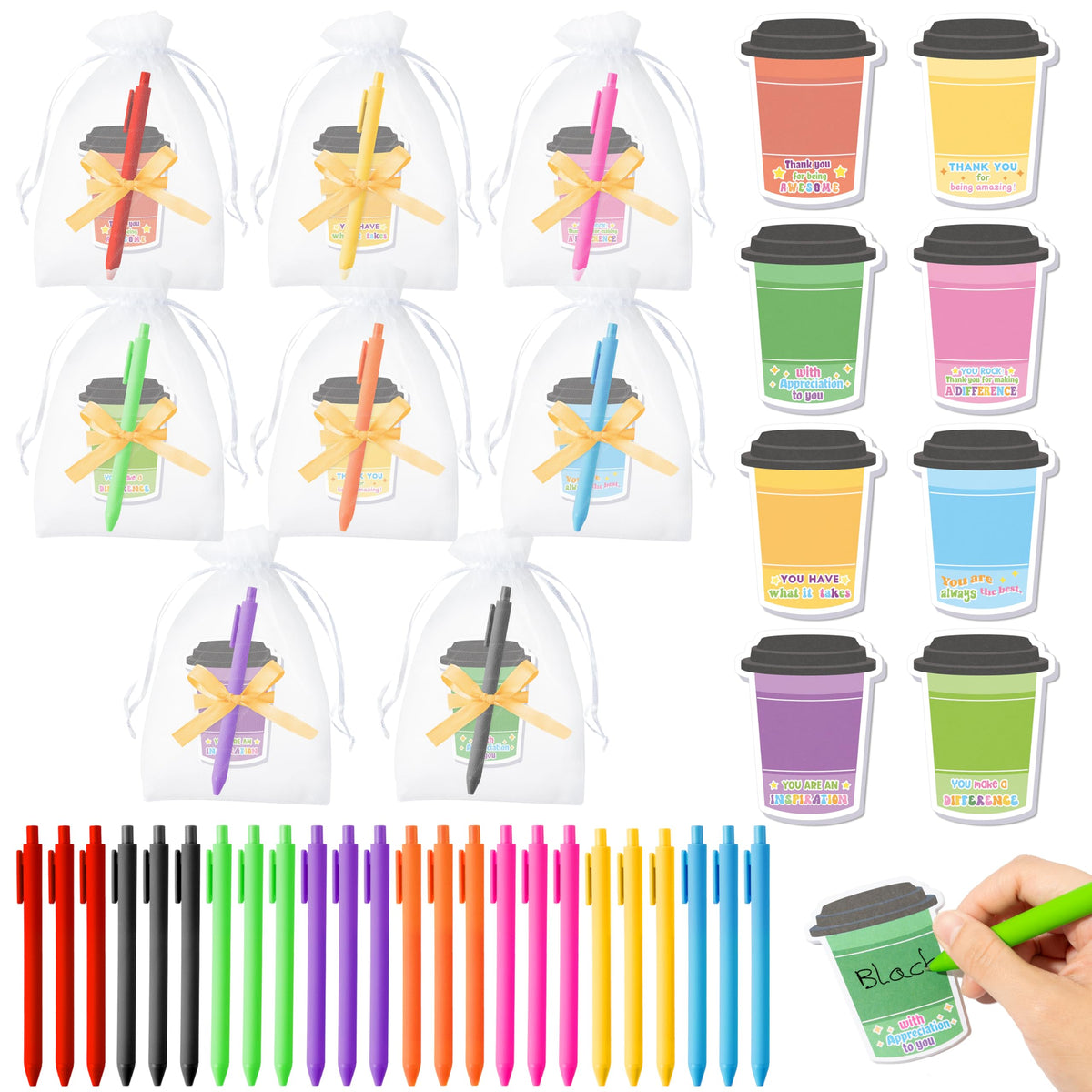 Xqumoi Employee Appreciation Coffee Cup Sticky Notes Set - 24 Set Coffee Self Sticky Writing Memo Pads Ballpoint Pens with Mesh Bag for Coffee Lover Staff Member Colleague Worker School Office Supply