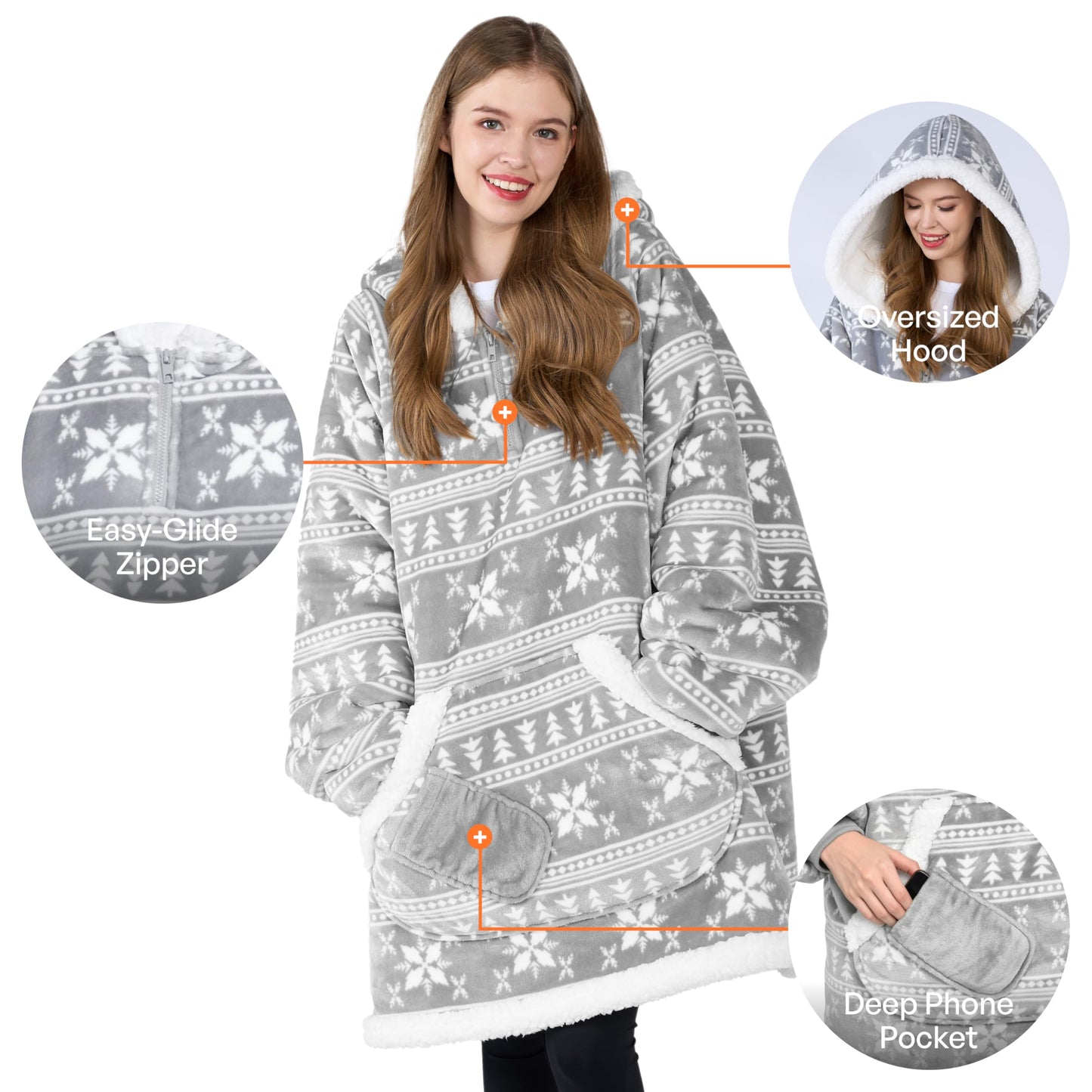 Giggling Getup Wearable Blanket Hoodie for Adults Gifts for Teen Girls Sister Women Sherpa Fleece Printed Hooded Blanket Sweatshirt Warm Cozy with Pocket & Sleeves Grey Snowflake