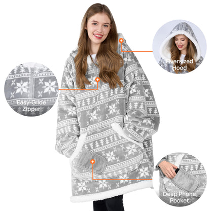 Giggling Getup Wearable Blanket Hoodie for Adults Gifts for Teen Girls Sister Women Sherpa Fleece Printed Hooded Blanket Sweatshirt Warm Cozy with Pocket & Sleeves Grey Snowflake