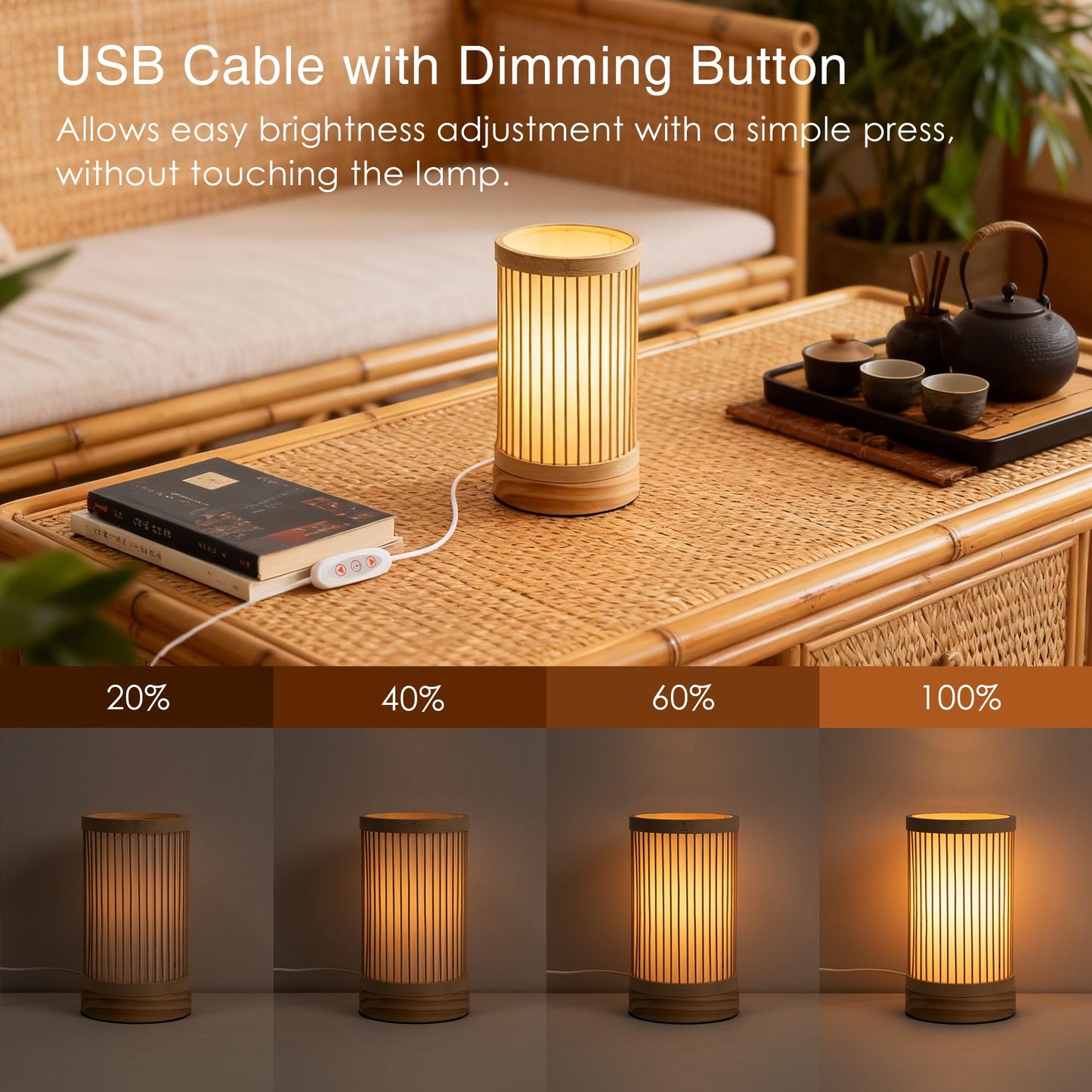 LUSHARBOR Bamboo Table Lamp, Small Boho Rattan Lamp Decorative with Dimmable Light, Woven Bedside Lamp for Bedroom, Cozy Nightstand Desk Lamps for Cafe/Entryway/Tabletop/Shelf Decor
