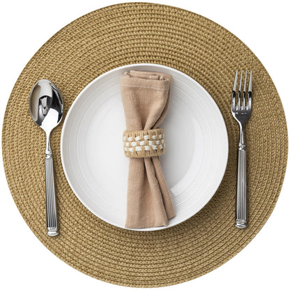 Baroyal Round Placemats Set of 8 Plastic Woven Placemats Washable Wipeable Table Mats for Dining Table Heat Resistant Non-Slip Circle Place Mats (Tan)