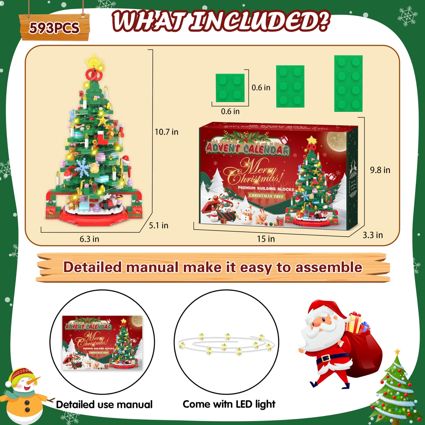 Alagoo Advent Calendar 2025 Christmas Tree Building Set with LED Light, 24 Days Christmas Countdown Calendar Christmas Tree Building Blocks, Xmas Gifts for Adults Teens Kids