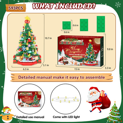 Alagoo Advent Calendar 2025 Christmas Tree Building Set with LED Light, 24 Days Christmas Countdown Calendar Christmas Tree Building Blocks, Xmas Gifts for Adults Teens Kids