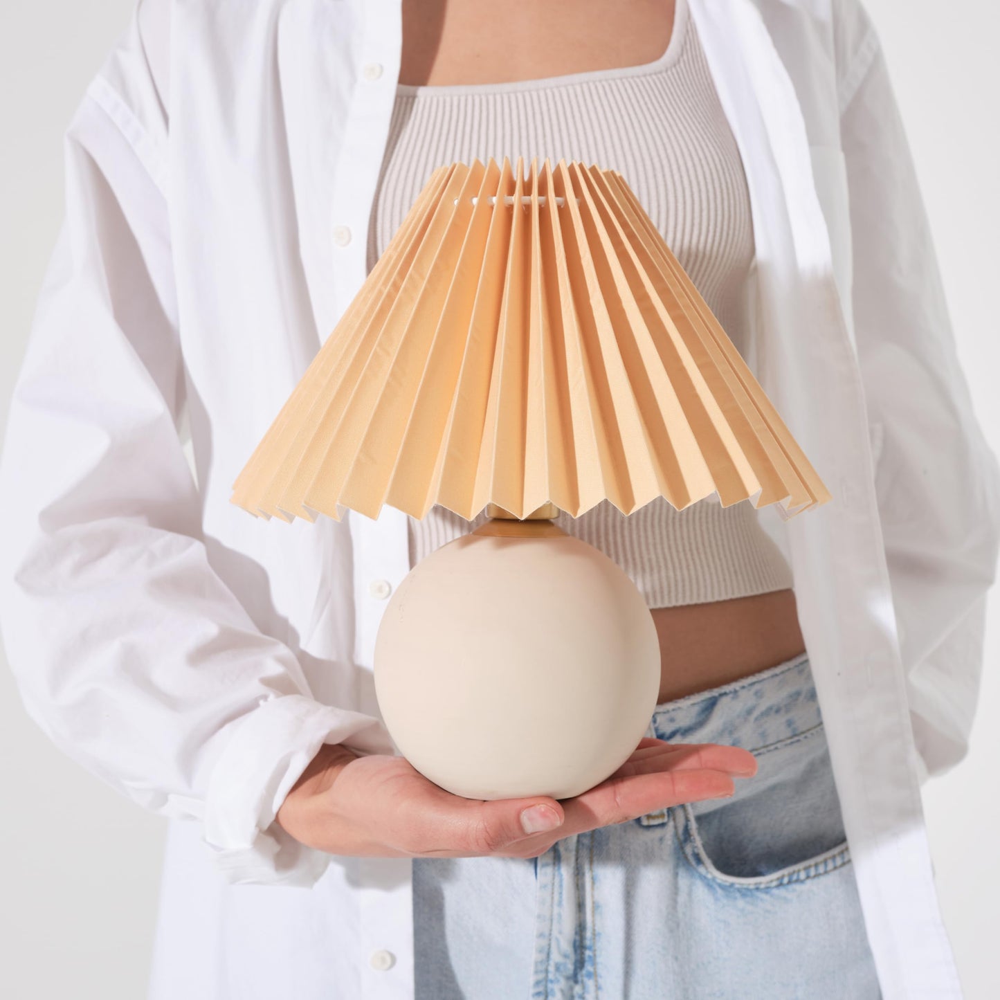 Brightech Serena LED Table Lamp - Small 10" Modern Ceramic Lamp with Pleated Shade for Bedside, Nightstand, Desk - Mini Night Light with Cozy Soft White Light for Living Room, Bedroom - Peach