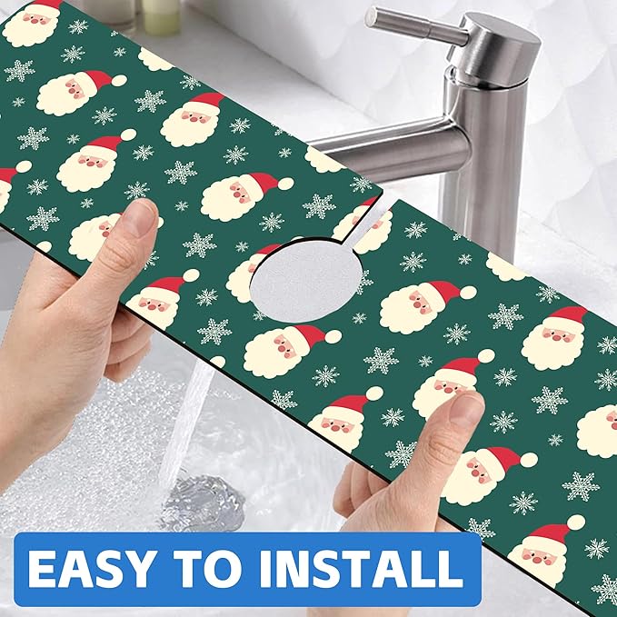 Christmas Kitchen Sink Splash Guard Mat Santa Claus and Snowflakes Sink Splash