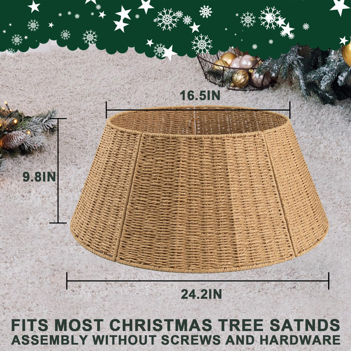 Kafuzi Christmas Tree Collar,24in Woven Christmas Tree Collars for Artificial Trees,Rattan Ring Base Cover Rustic & Farmhouse Holiday Decorations -Natural