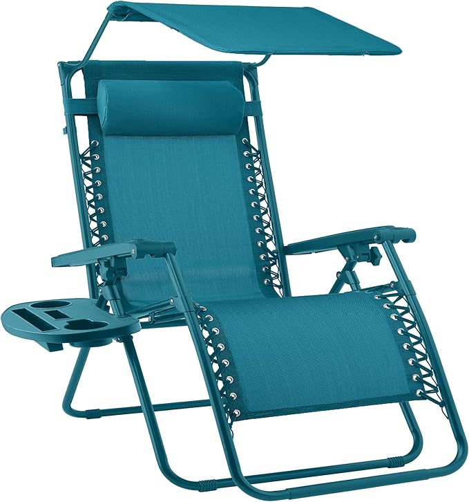 Best Choice Products Folding Zero Gravity Outdoor Recliner Patio Lounge Chair w/Adjustable Canopy Shade, Headrest, Side Accessory Tray, Textilene Mesh - Peacock
