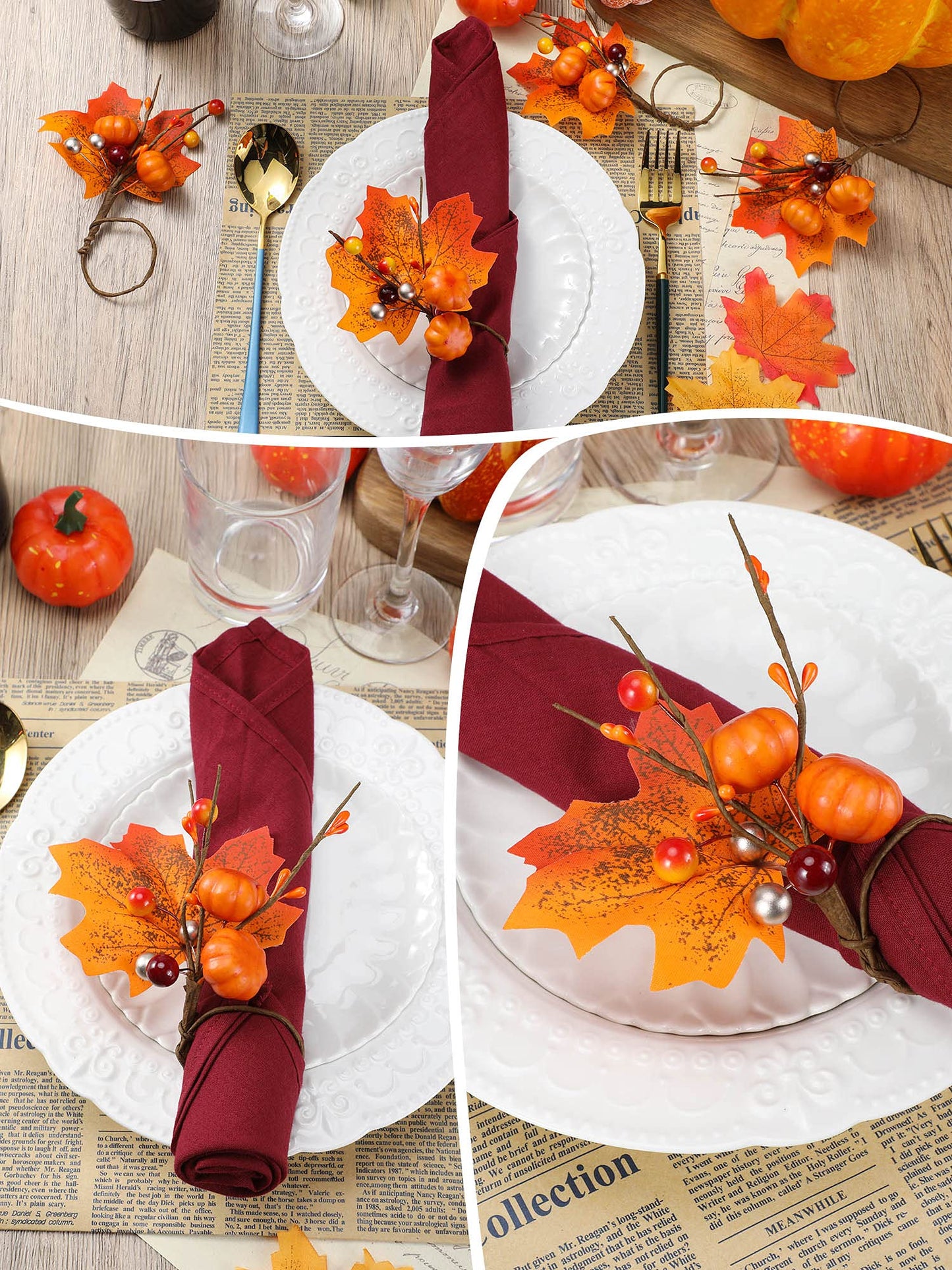 Patelai 12 Set Fall Thanksgiving Napkin Rings Pumpkin Maple Leaves Red Berry Napkin Holder for Table Decor, Wedding, Fall Banquet, Holiday, Dinner Party(Fresh Style,Orange)