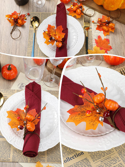 Patelai 12 Set Fall Thanksgiving Napkin Rings Pumpkin Maple Leaves Red Berry Napkin Holder for Table Decor, Wedding, Fall Banquet, Holiday, Dinner Party(Fresh Style,Orange)