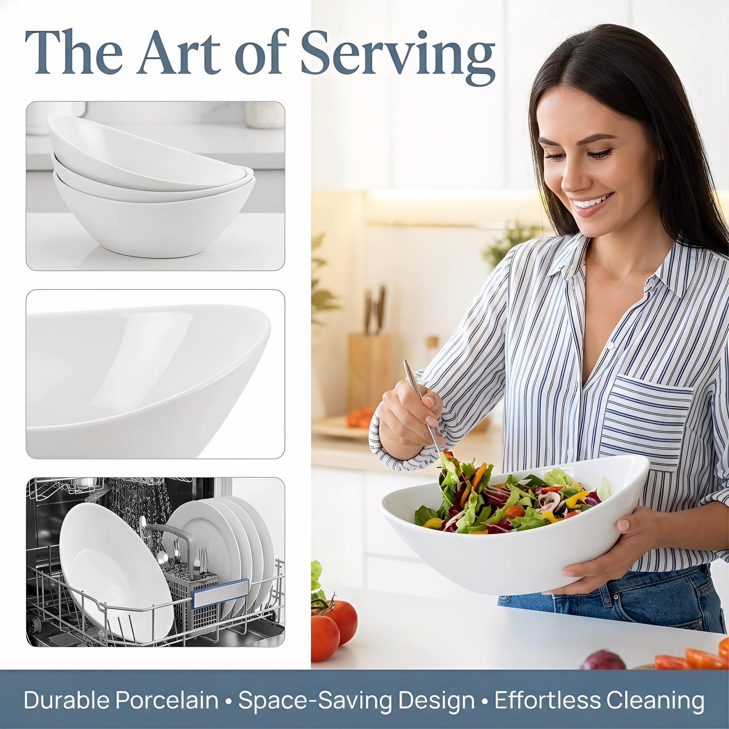 Lawei 4 Pack 9" Porcelain Serving Bowls, 36 Oz Oval Ceramic Mixing Bowls, Large Serving Dishes for Salads, Spaghetti, Dessert, Veggie, Potatoes and Fruits, Side Dishes, Microwave & Dishwasher Safe
