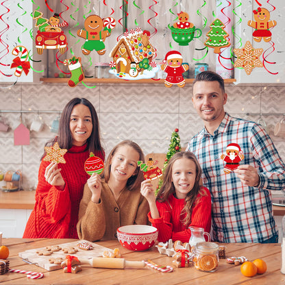 Zomiboo 53 Pcs Christmas Hanging Swirls Decorations Candy Gingerbread Man Elves Truck Red Cardinals Ceiling Decor Ornaments for Tree Xmas Holiday Party Supplies(Gingerbread)