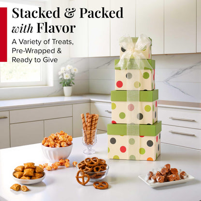 Broadway Basketeers Mother's Day Tower, gift basket with Sweet & Savory Treats, Thank You Gift for Mom, Birthdays, Holidays & Celebrations, Kosher