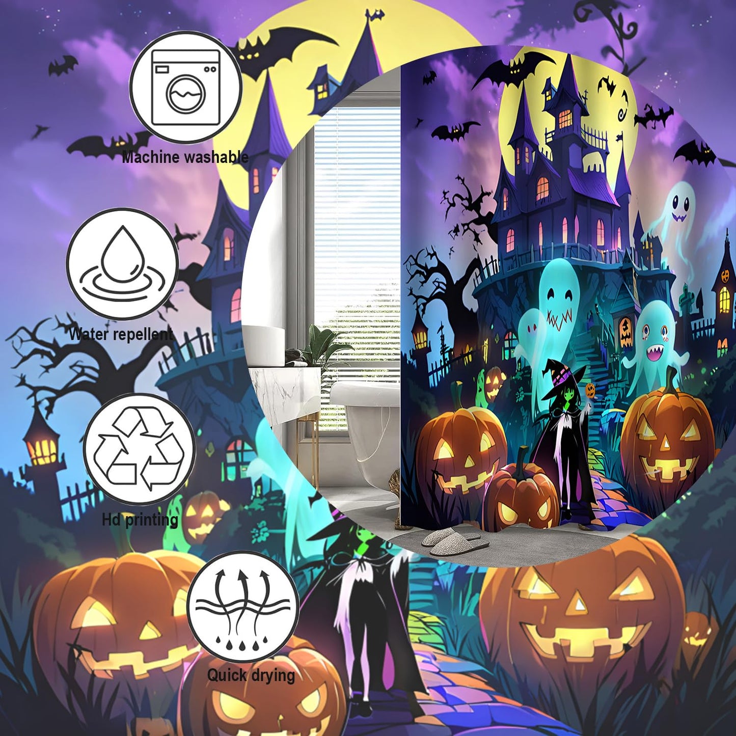 Atwqevon Halloween Shower Curtain, Scary Shower Curtain Set, Spooky Castle Decor, Horror Haunted House Bathroom Home Indoor Decorations, Waterproof Bathroom Curtain with Hooks 72"X72"