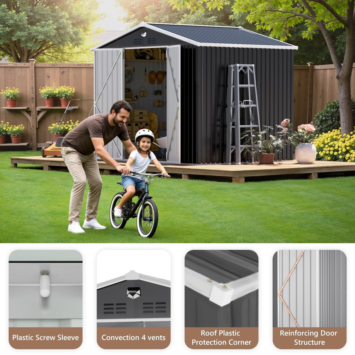 Softkiss 10x8 FT Outdoor Storage Shed, Metal Garden Shed - Tool Storage Sheds with Lockable Doors, Waterproof Outside Storage Building for Backyard, Patio (Black; Floor Not Included)