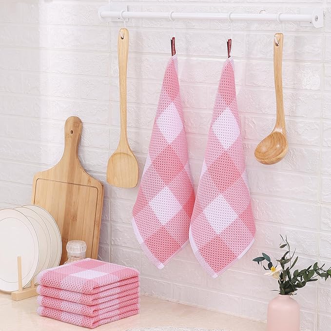 Homaxy 100% Cotton Waffle Weave Check Plaid Dish Cloths, 12 x 12 Inches