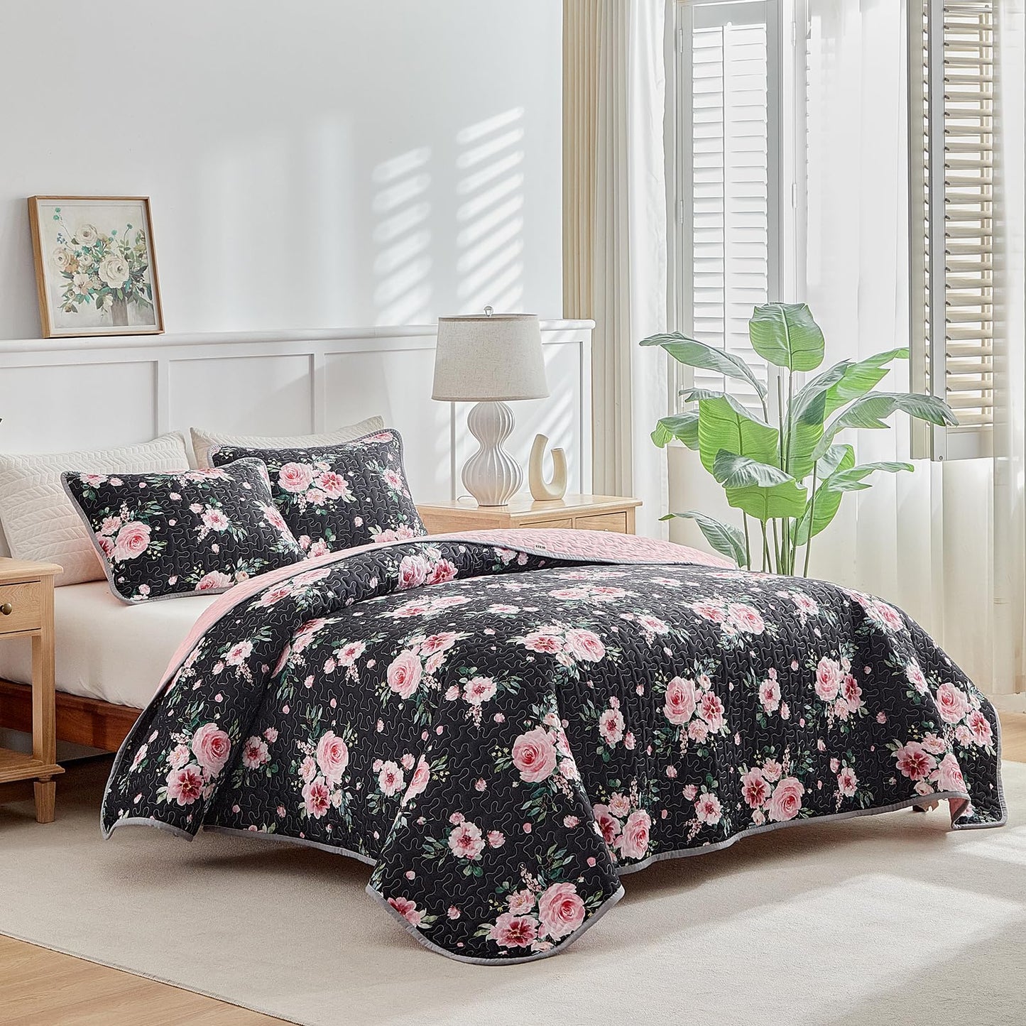 Floral Quilt Set 3 Pieces Queen Size Black Pink Flower with Green Leaves Soft Microfiber Lightweight Summer Reversible Coverlet Bedspread for All Season -1 Quilt 88*88 + 2 Pillow Shams