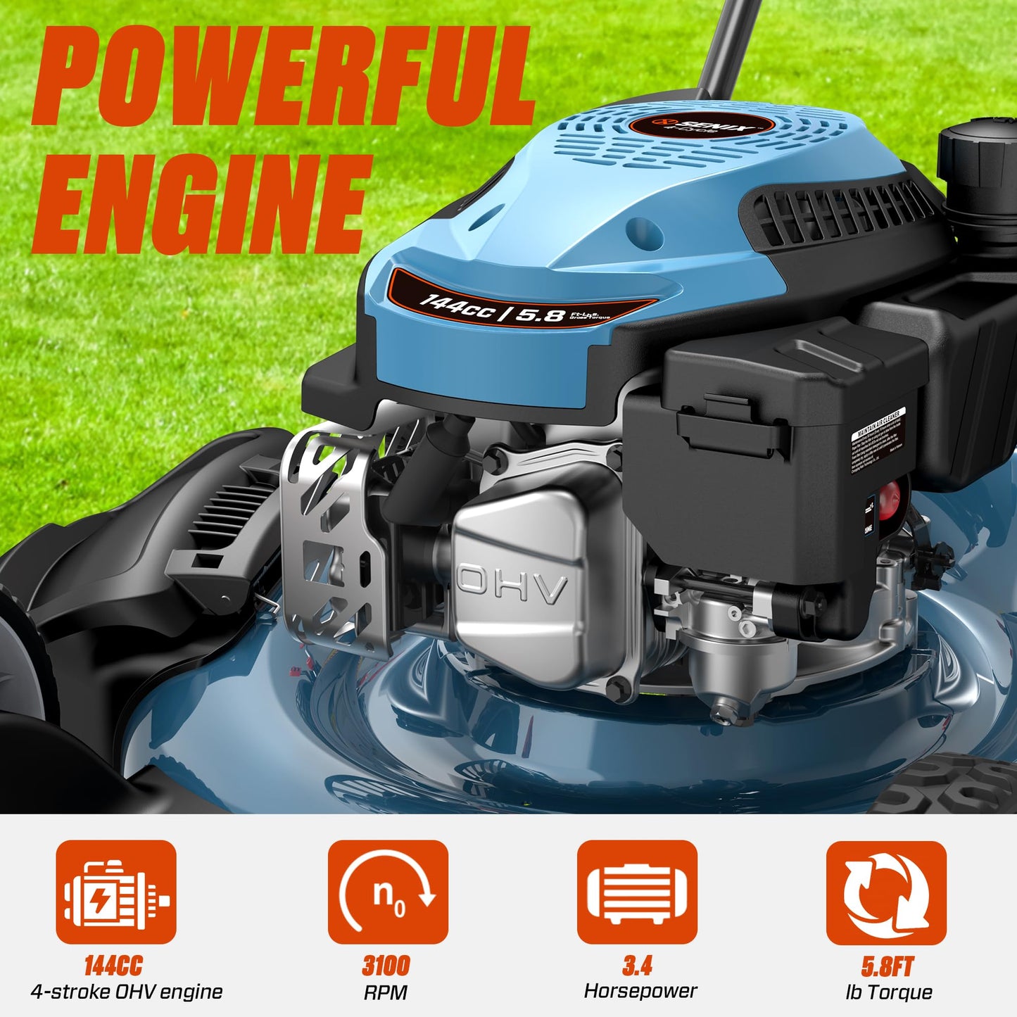 SENIX 144 cc Gas Lawn Mower, 21 inch 2-in-1 Push with Mulching and Side Discharge, 4-Cycle Engine, 6 Position Cutting Height Adjustment for Yard and Garden