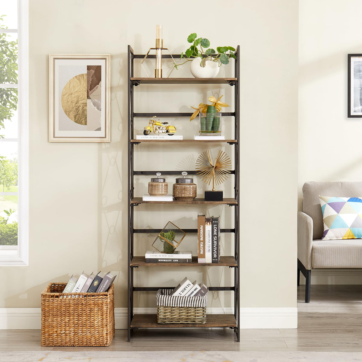 VECELO Folding Bookshelf, 5-Tier Bookcase Foldable, Industrial Tall Book Shelf Storage Organizer with Collapsible Metal Frame for Living Room/Home Office,Rustic Brown,1 Set