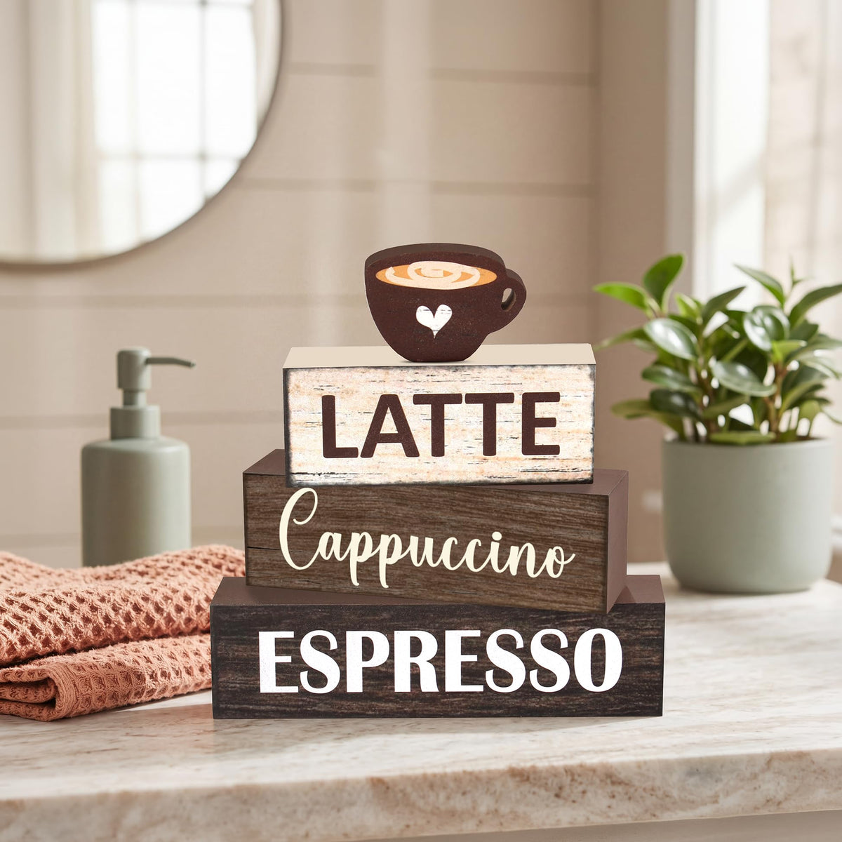 4 Pcs Coffee Farmhouse Wooden Table Decor, Coffee Rustic Tabletop Centerpiece Decorations for Bar Home Office Shelf Kitchen