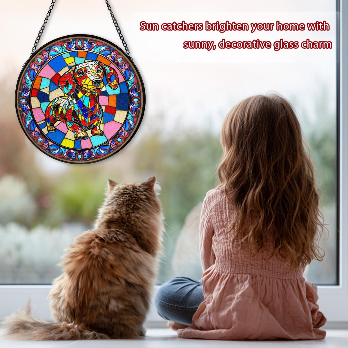 Dog Stained Glass Window Hanging, Suncatcher for Window Hanging, Sun Catchers Indoor Windows Wall Art for Mom Grandma, Gifts for Dog Lovers, Christmas Decor,for Home Garden Office 7.87
