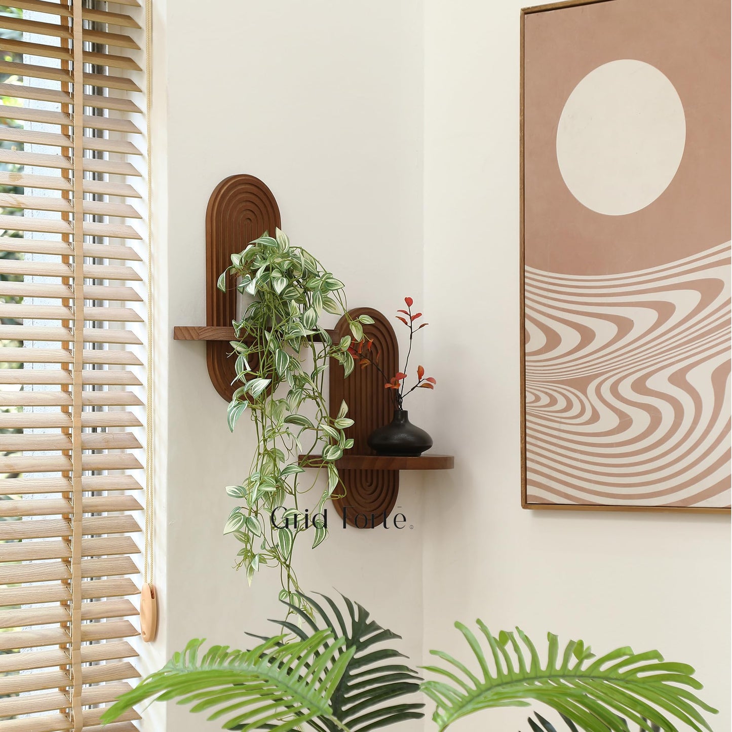 GRID FORTE Modern Wall Shelf (Set of 2) with Arched Wood Design Mid-Century Single Floating Rainbow Shelves for Indoor Decoration Holding Planter Ornaments, 14 x 11.6 Inch (Walnut)
