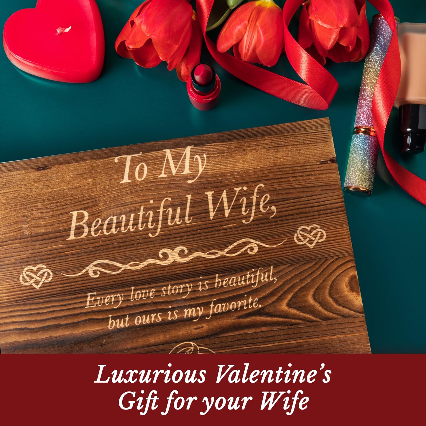 GreenCor Valentines Day for Wife Engraved Wooden Gift Set 'To My Beautiful Wife' Includes Crystal Engraved Heart 24K Gold Dipped Rose for Birthday Gifts