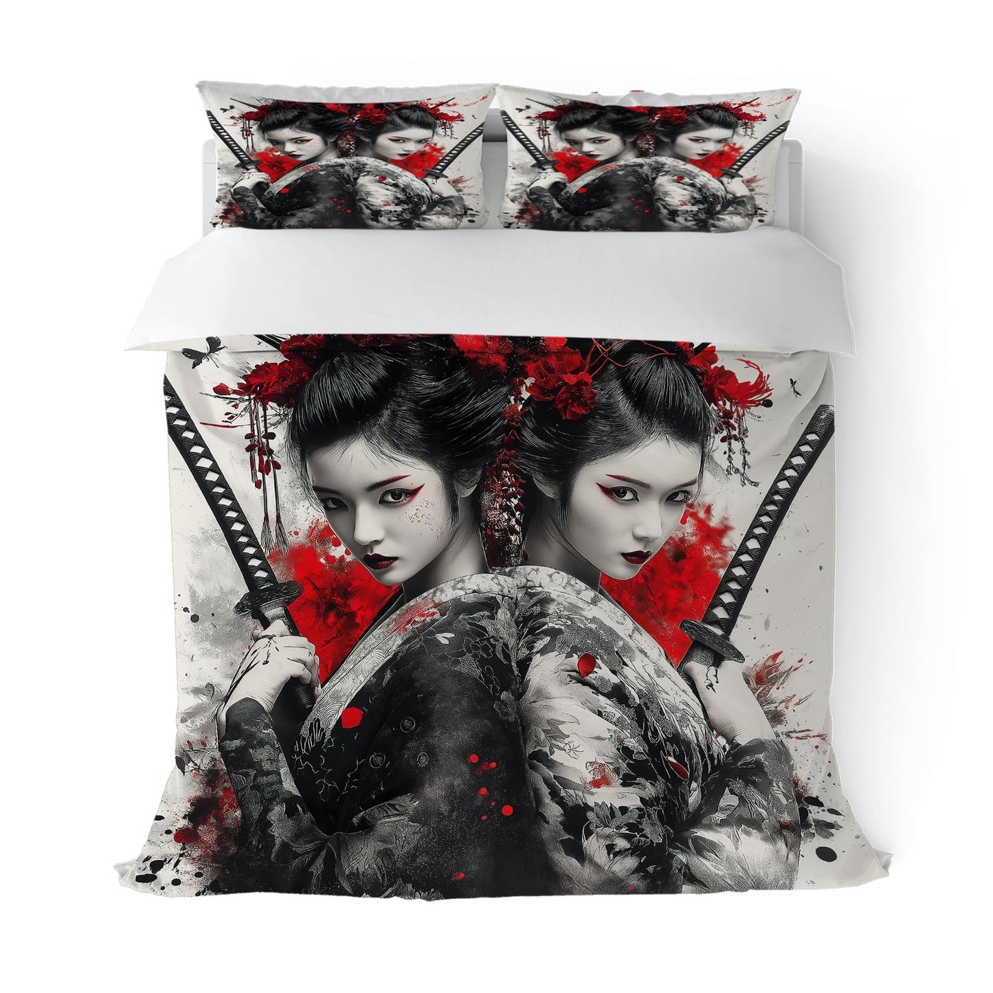 RICQLESC Sword Female Samurai Duvet Cover and 2 Pillow, Japanese Kimono Geisha Asian Sexy Women Anime Comforter Set, Kids Boys Girls Bedding 3 Pieces, King Size 104x90 inch