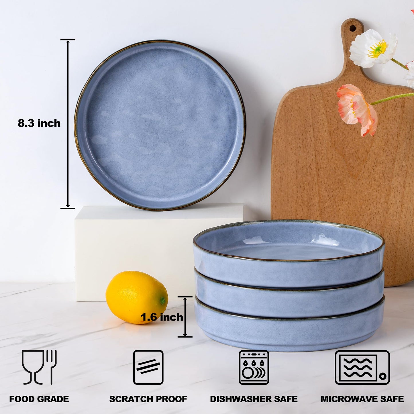 E-far Pasta Bowls Set of 4, 30oz Shallow Salad Bowls for Dinner Serving, 8.25" Stoneware Ceramic Bowl Plates for Noodle Soup, Microwave & Dishwasher Safe, Reactive Glaze, Blue