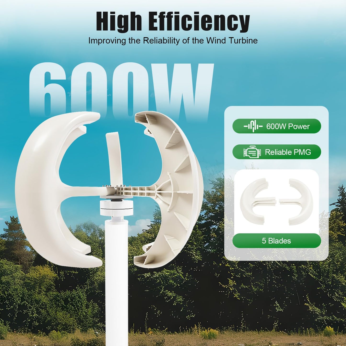 Wind Turbine Generators Kit, 12V 600W 5-Blade Vertical Axis Wind Turbine Generator with Controller, Lantern Wind Generator for Monitoring, Boat Ship, Home