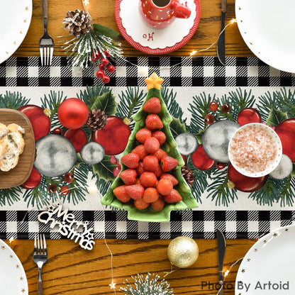 Artoid Mode Black White Buffalo Plaid Xmas Ball Holly Christmas Table Runner, Winter Kitchen Dining Table Decoration for Outdoor Home Party 13x36 Inch