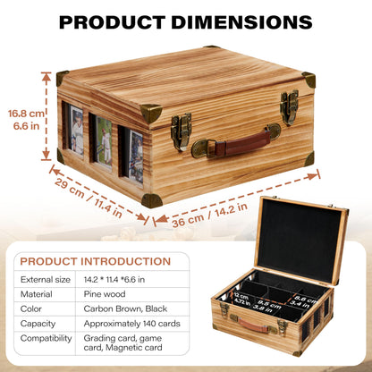 Poyilooo Graded Card Storage Box with Display Window, Wood Card Case for 140+ Cards PSA BGS FGS & SGC, Sports Cards Trading Cards, Graded Card Slab Carrying Case, Christmas Gifts (Carbonized Brown)