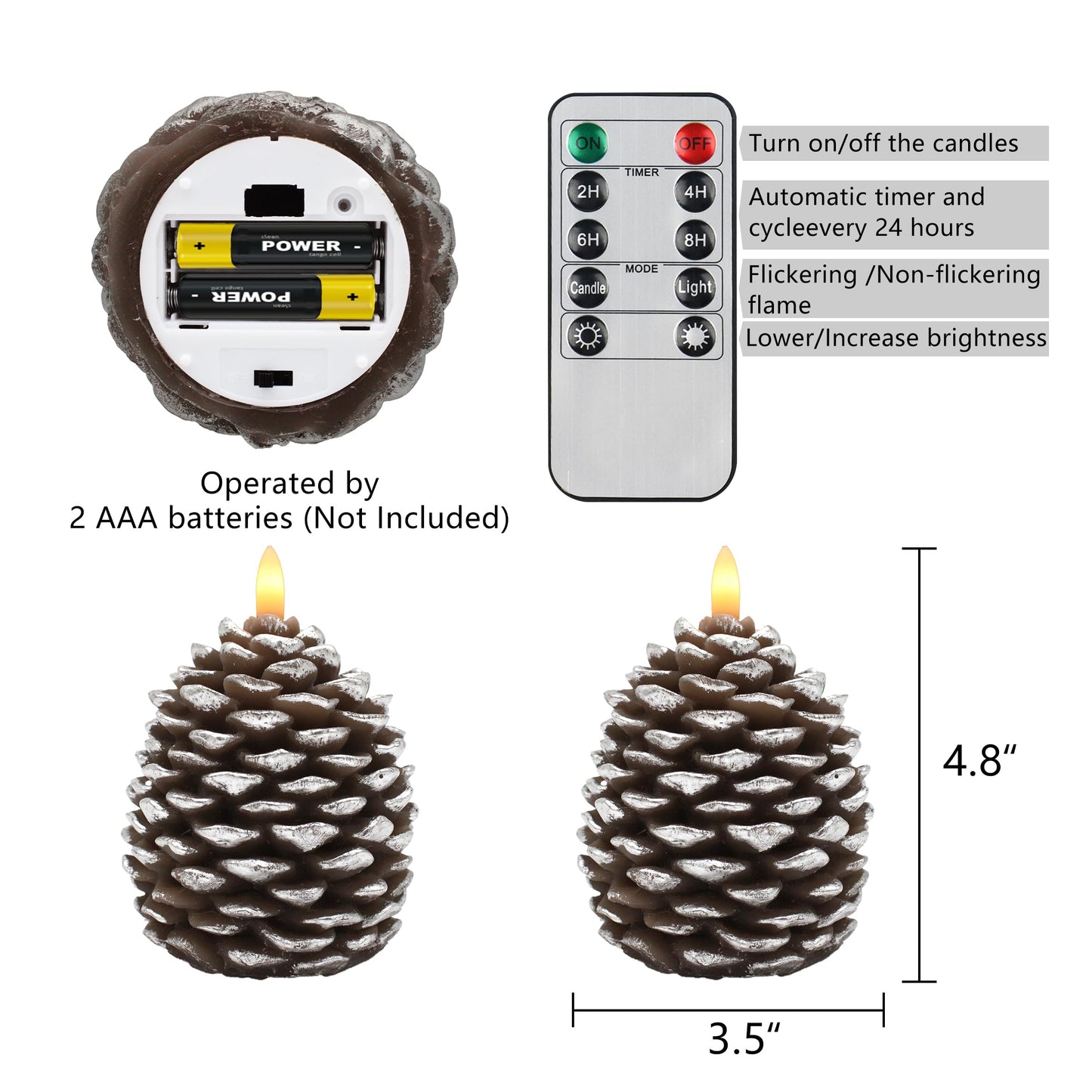 CVHOMEDECO. Pine Cone Candles Battery Operated Pinecones with Remote and Timer, Pine Cones Candle LED Flameless Flickering Candles for Fall, Christmas Decor. Silver-Brown, H 4.8 Inch, Pack of 2