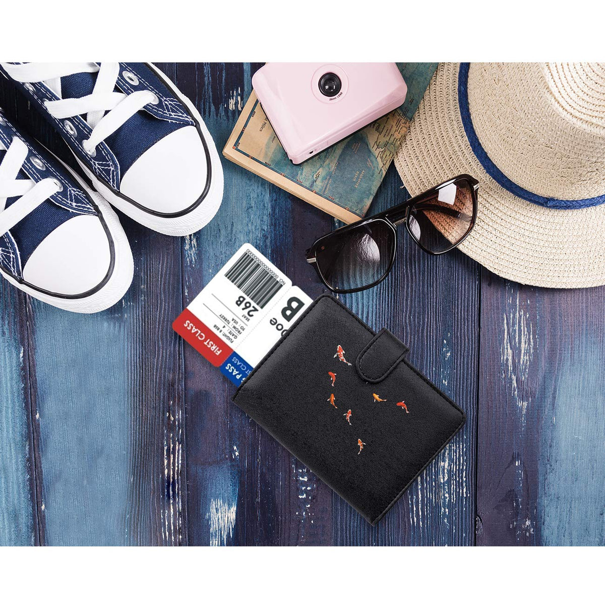 WALNEW Passport Holder for Travel, RFID Passport Cover Wallet for Women Men, PU Leather Passport Book Card Holder Case with Pen (Buckle Closure, Buckle-Carp)
