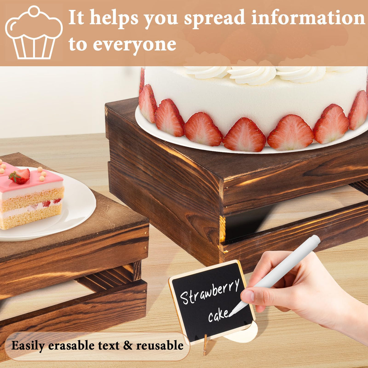 8 Pcs Buffet Risers with Mini Signs, Rustic Wood Cake Stands, Food Risers for Buffet Table, Dessert Display Stand, Wood Crates, Rustic Cake Stand for Party, Wedding, Birthday, Baby Shower, 4 Sizes
