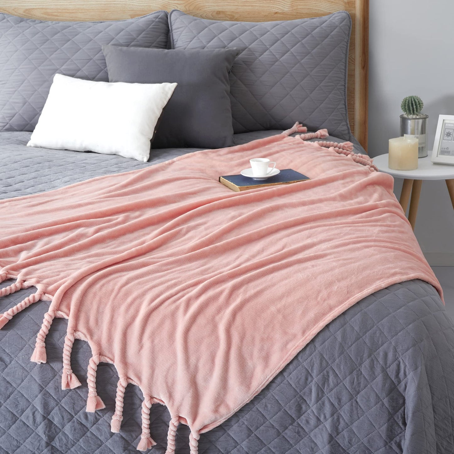 Homiest Fleece Throw Blanket with Fringe, Soft & Cozy Flannel Light Pink Blanket, Lightweight Decorative Blanket for Sofa Bed Chair All Season (Blush Pink, 50 x 60 Inch)