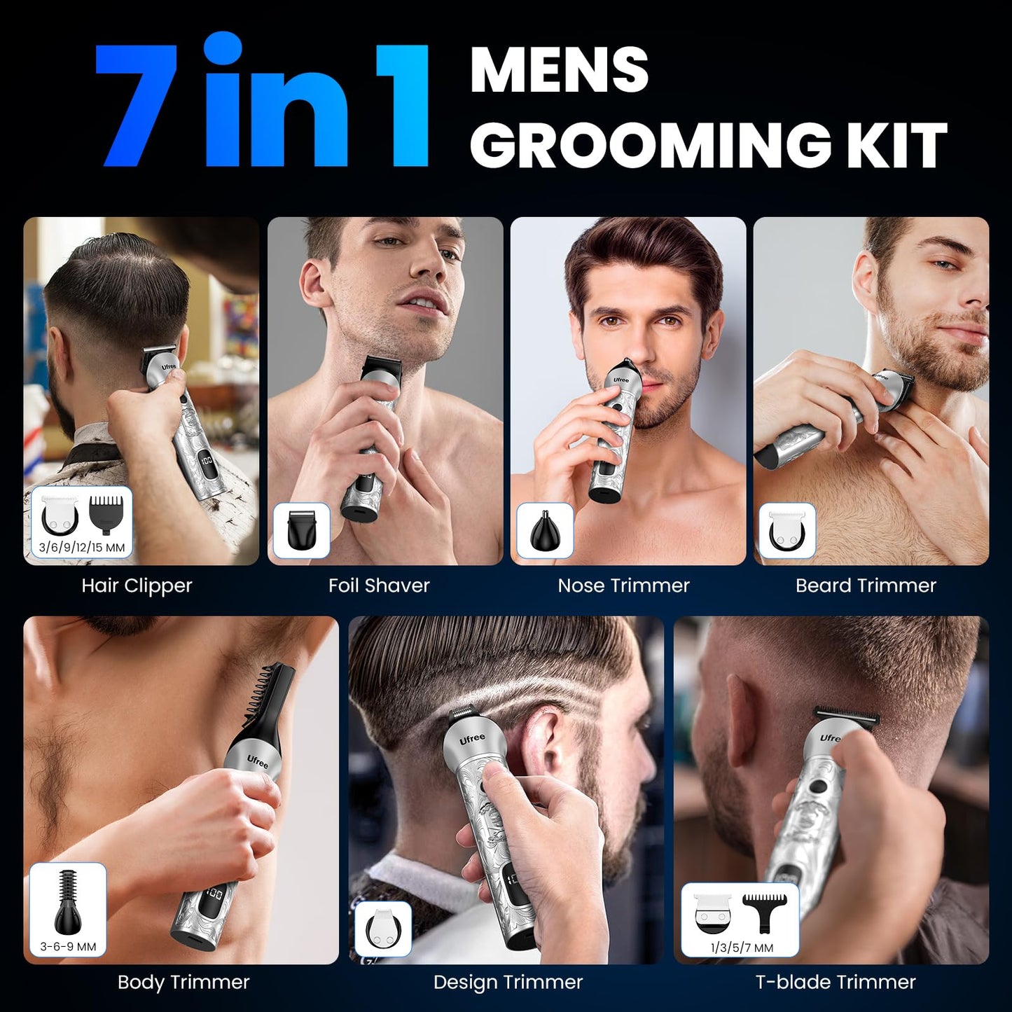 Ufree Beard Trimmer for Men, Electric Razor Shaver, Cordless Hair Clipper Shaving Kit for Mustache Body Nose Ear Hair Facial, Adjustable Beard Grooming Kit Birthday Gifts for Men