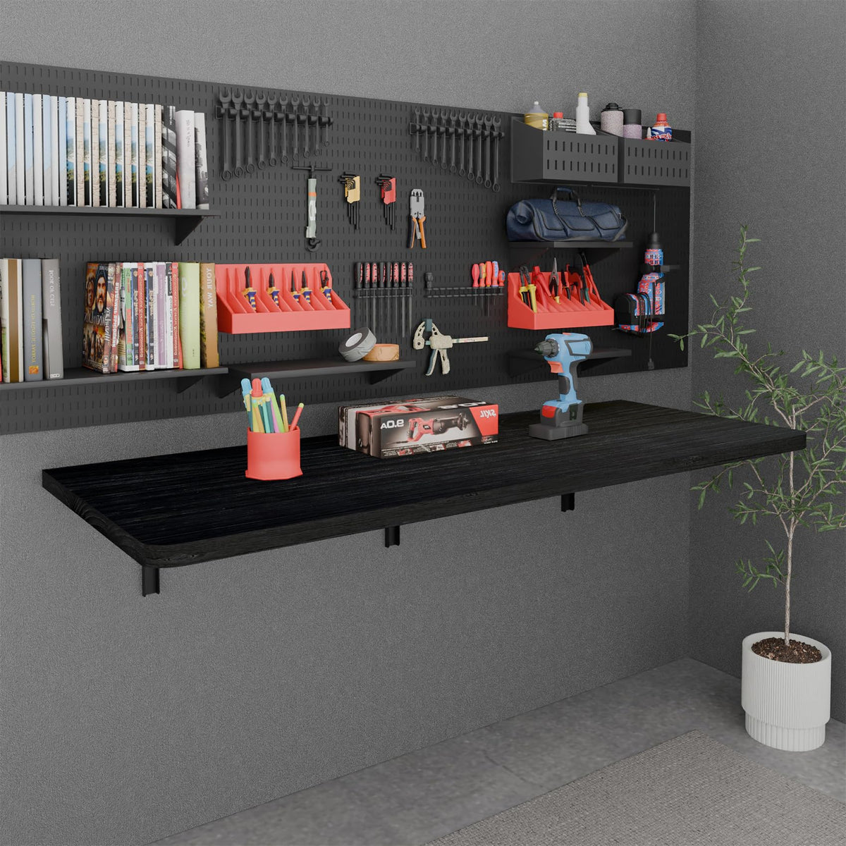 IAE Floating Wall Mounted Folding Table Desk with Pine Wood,55" x 22" Folding Workbench,Fold Down wall Mounted Foldable Table with Shelf Brackets,Laundry Folding Table for Apartment,Home,Kitchen,Black