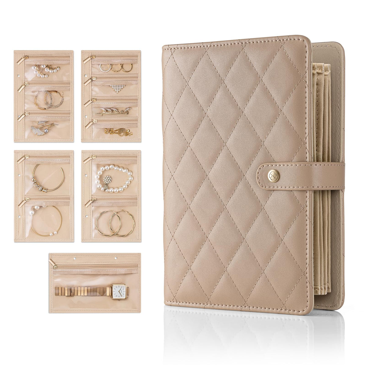 VLANDO Jewelry Book Organizer - Leather Travel Jewelry Case with 5 Detachable Pages for Necklaces, Rings, Earrings, Tangle-Free, Giftable, Latte