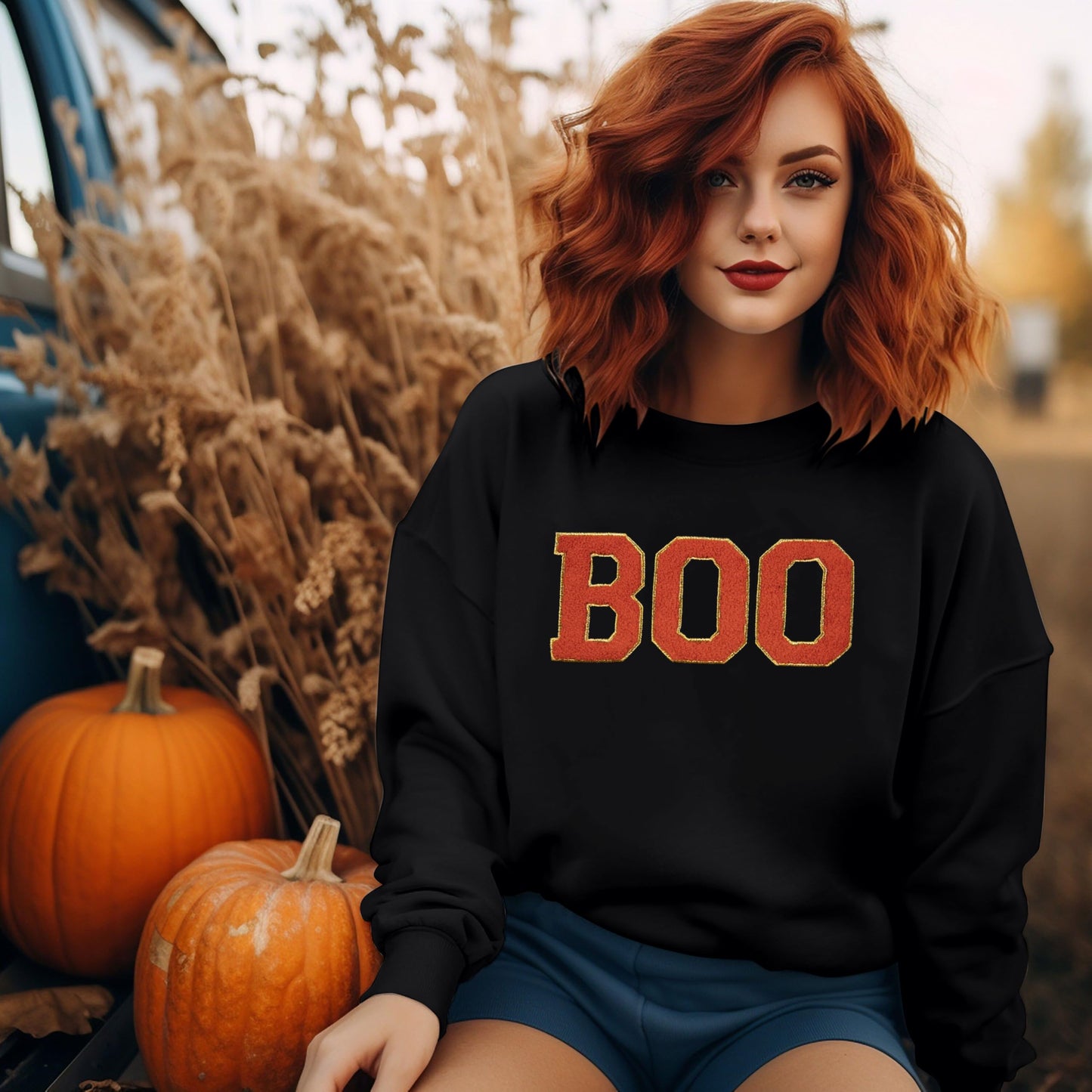 MYHALF Halloween Sweatshirt for Women Boo Embroidered Sweaters Cute Spooky Season Shirt Long Sleeve Fall Winter Pullover Tops Black