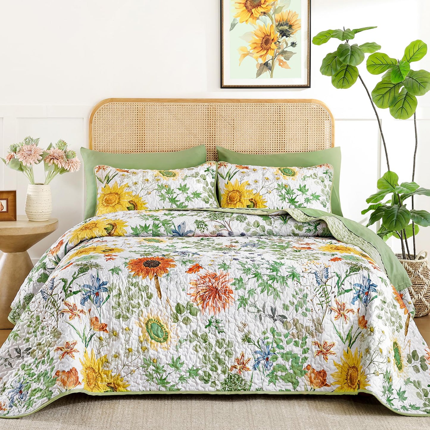 Yiran Floral King Quilt Bedding Set, Sage Green Sunflower Colorful Bedspreads, 3 Pieces Summer Soft Lightweight Coverlet with 2 Pillow Shams for All Season 106x90 Inch
