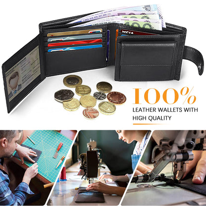 HOCRES Wallets for Men, RFID Blocking Wallet,Mens Wallet, Leather Wallet with 14 Credit Card Holders, 2 Banknote Compartments, 2 ID Window, Minimalist Mens Wallet with Gift Box, Black