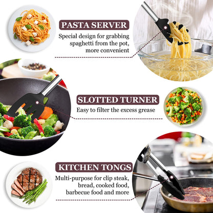 TeamFar Kitchen Utensils Set of 8, Silicone Utensils Kitchen Tools Set with Stainless Steel Handle, for Frying Serving Flipping Draining, Non-toxic & Heatproof, Nonstick & Dishwasher Safe - Black