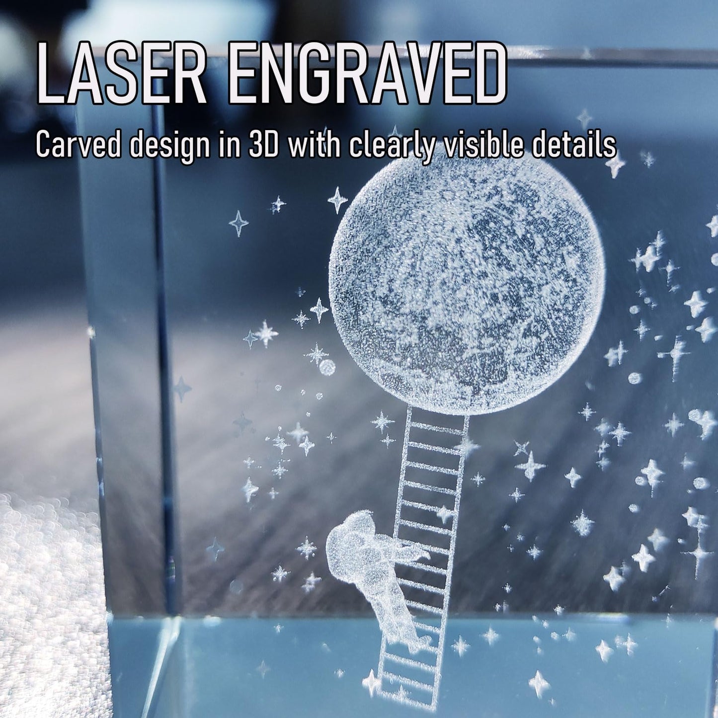 Hikiwin 3D Moon in Crystal Glass Cube Paperweight, Laser Engraved 3D Gift Decorative Quartz Glass Cube, Laser Engraved Statue Model Home Decor, Climb the Moon, 2.3 Inches, 1 Piece